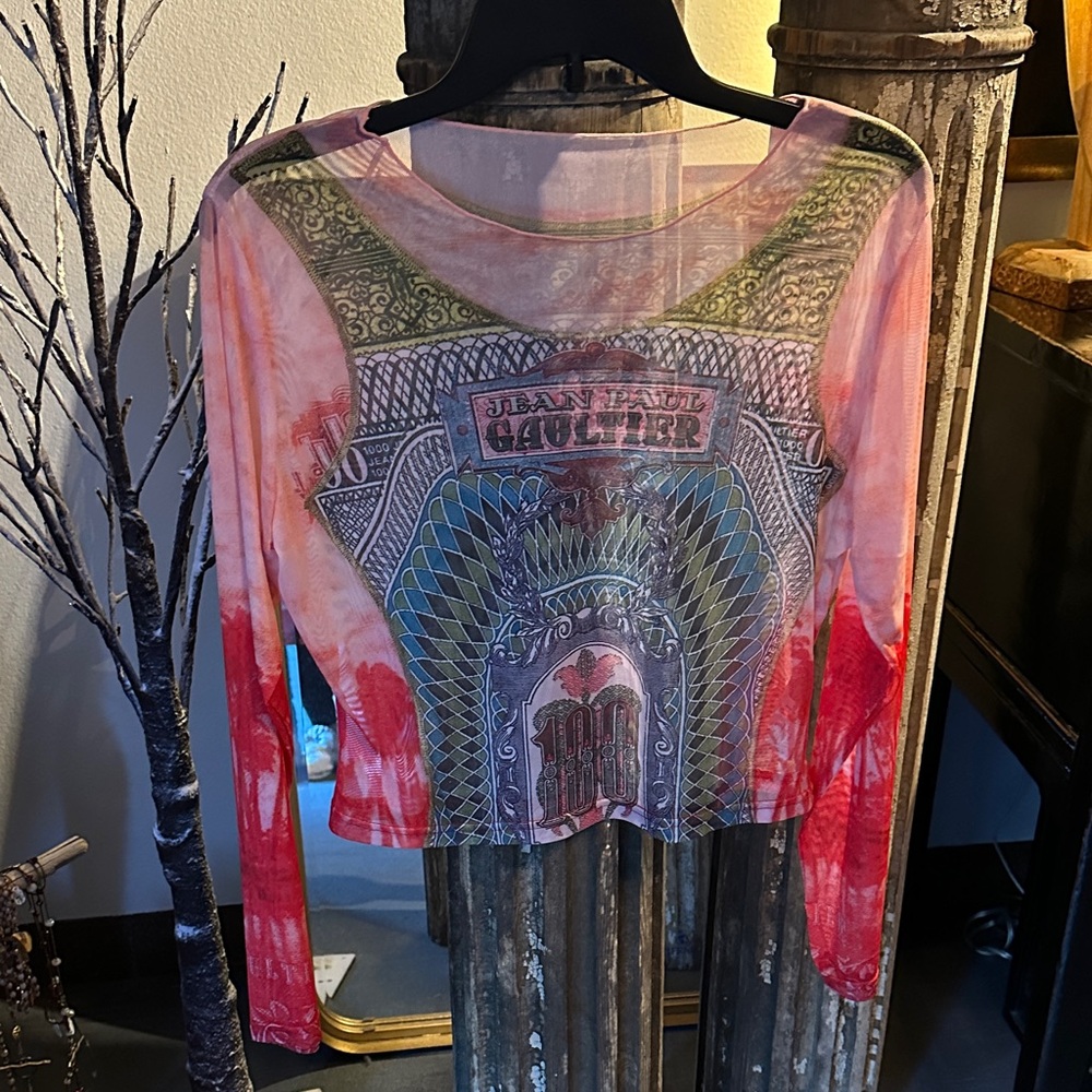 Red and Green Mesh Long Sleeve Top